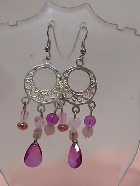 Hand Crafted Silver Hoop Dangle Earrings with Pink & Purple Beads